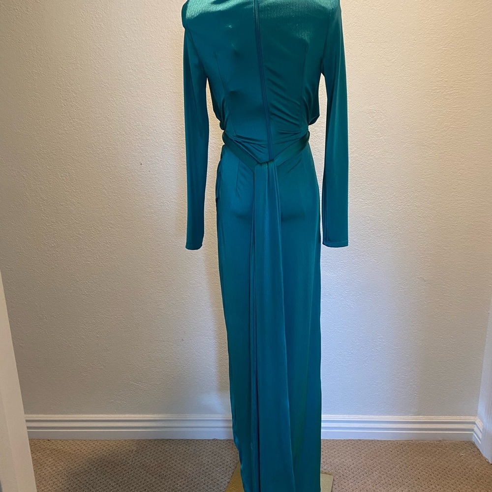 Bronx and Banco Teal Maxi Dress | Deep V Neck, Long Sleeve, High Slit - Picture 2 of 9